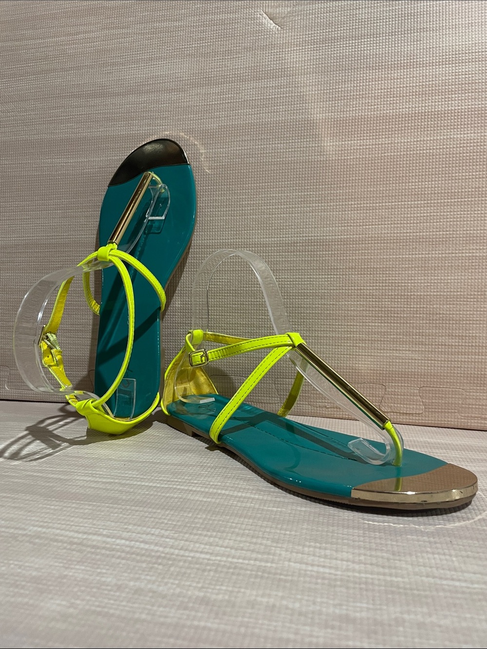 Qupid Neon Yellow and Teal Strappy Flat Sandals